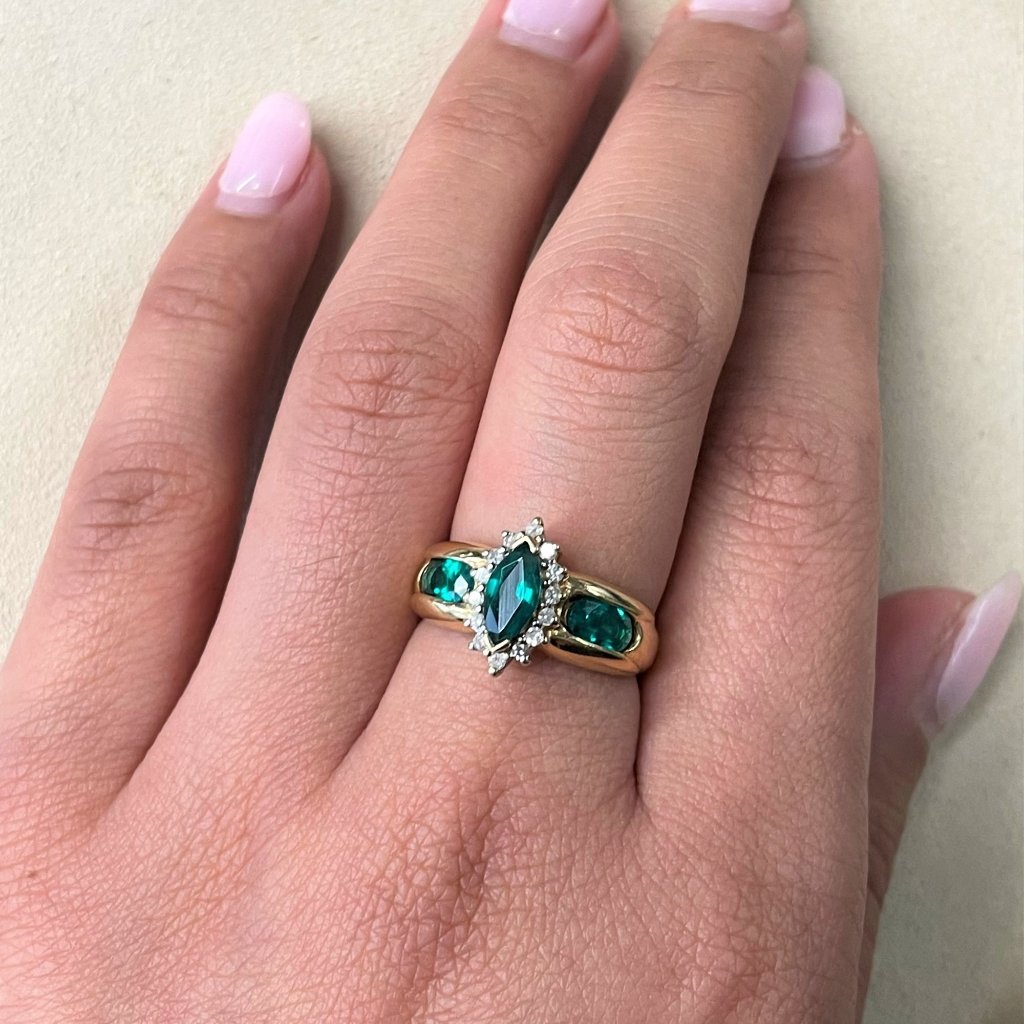 Rachel Koen Synthetic Green Emerald Diamond Ladies Ring 14k Yellow Gold Size 6.5